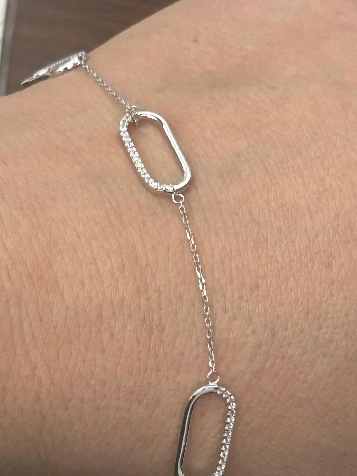 14K White Gold Hollow Paperclip Chain Bracelet with Diamonds