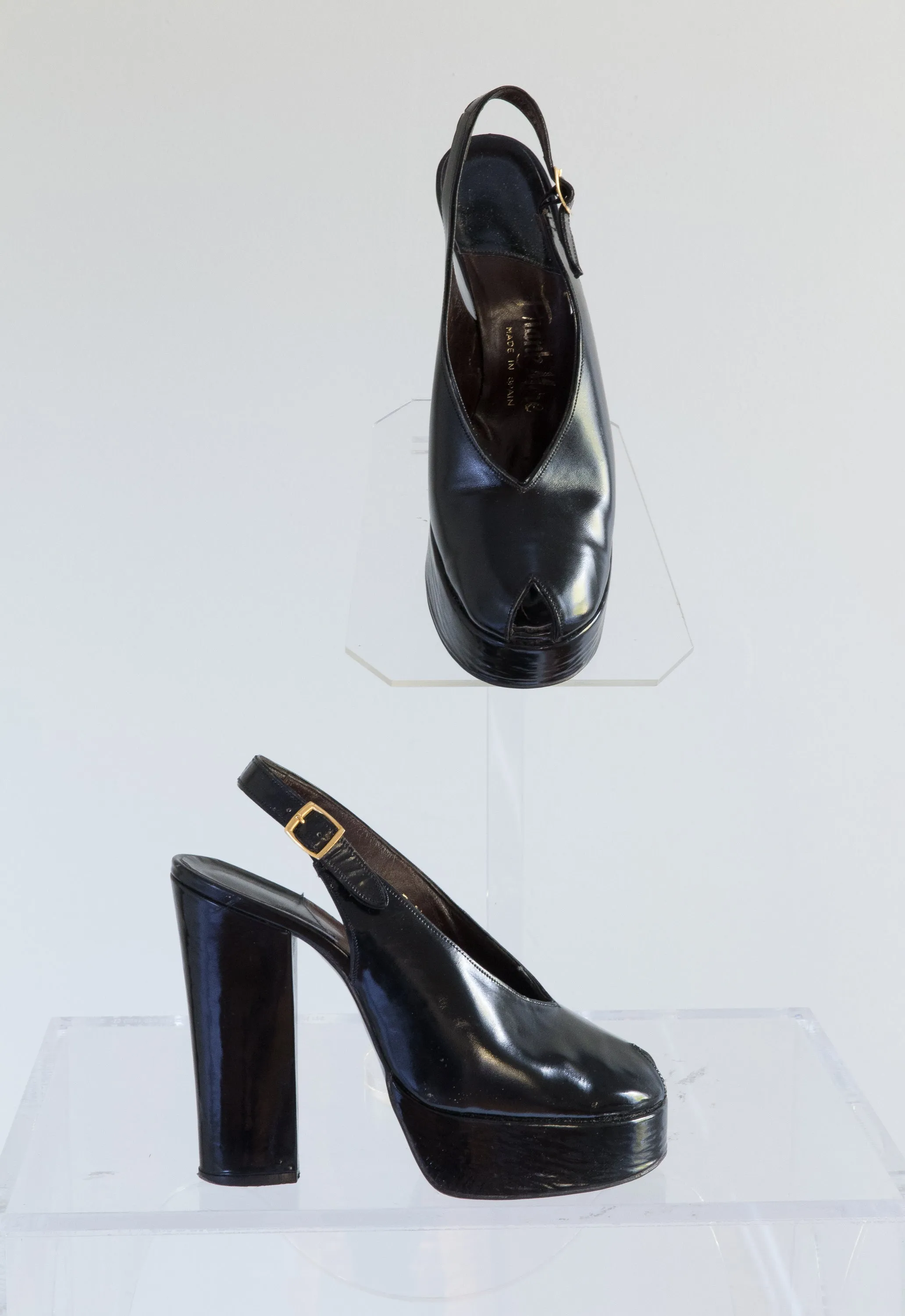 1970's Frank More Black Platform Peep-Toe Heels / 7 N