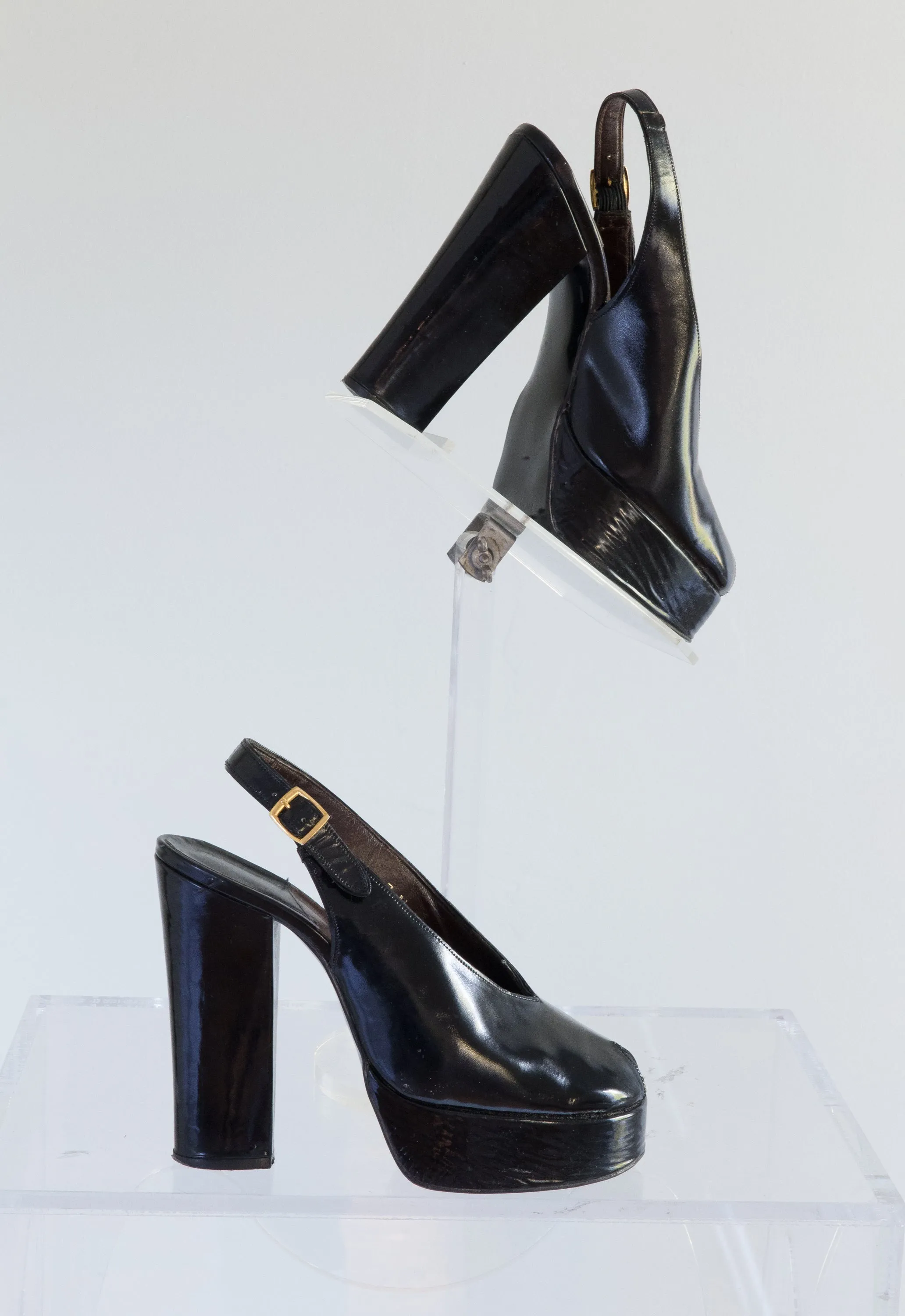 1970's Frank More Black Platform Peep-Toe Heels / 7 N