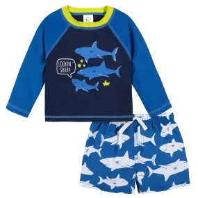 2-Piece Baby & Toddler Boys UPF 50  Shark Zone Rash Guard & Swim Trunks Set