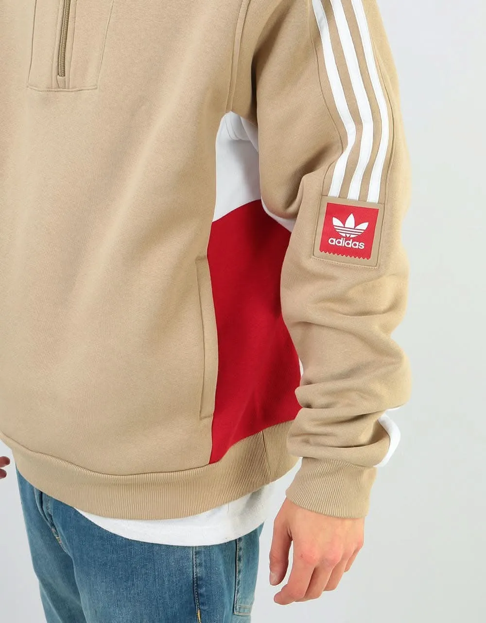 adidas Modular 1/4 Zip Sweatshirt - Hemp/White/Power Red