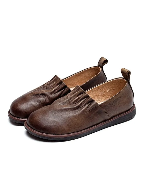 Autumn Comfort Round Head Pleated Leather Flats