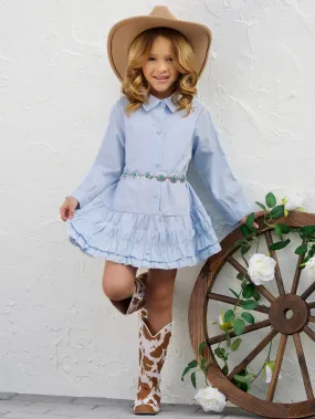 Beautiful Blue Long Sleeve Ruffled Hem Dress