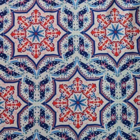 Blue and Red Mosaic on White Printed Polyester Mikado Fabric