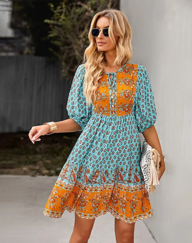 Bohemian Dream Turquoise Floral Print Tie Neck Puffed Sleeve Dress - Spring Collection