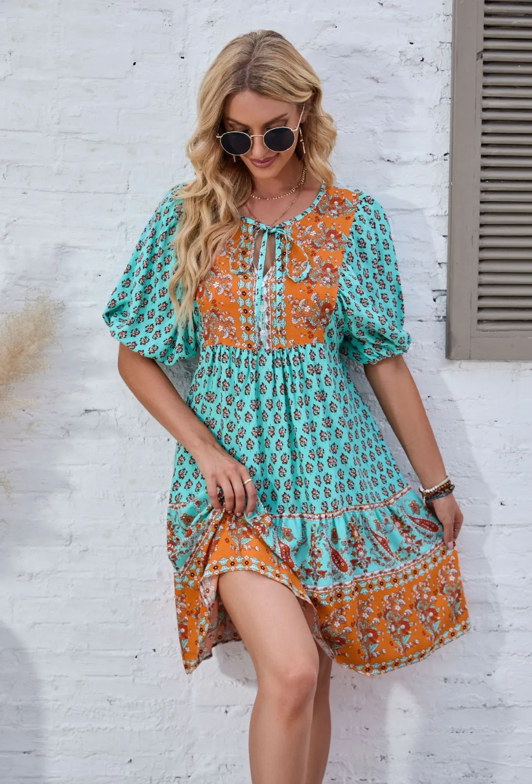 Bohemian Dream Turquoise Floral Print Tie Neck Puffed Sleeve Dress - Spring Collection