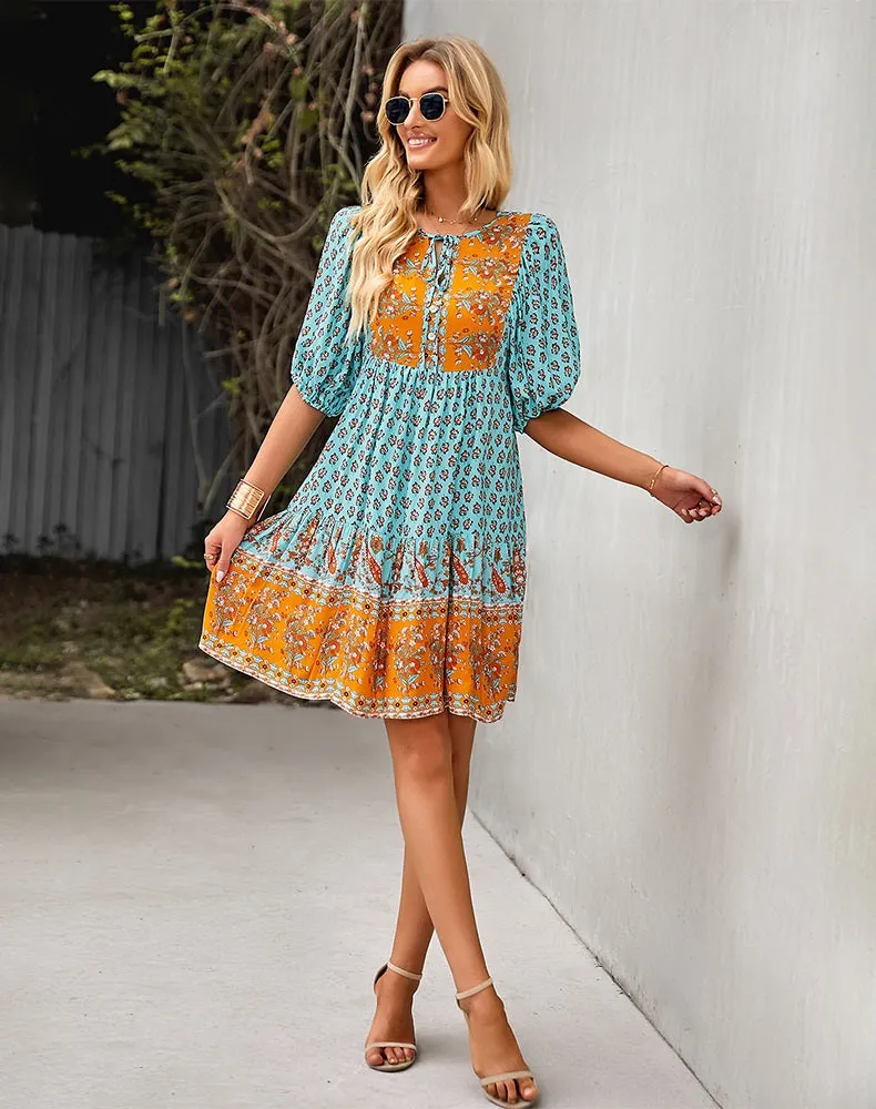 Bohemian Dream Turquoise Floral Print Tie Neck Puffed Sleeve Dress - Spring Collection