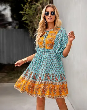 Bohemian Dream Turquoise Floral Print Tie Neck Puffed Sleeve Dress - Spring Collection