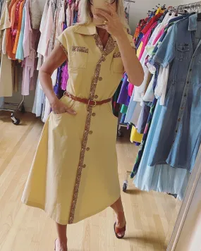 Cool Tan 70s Dress with Floral Trim