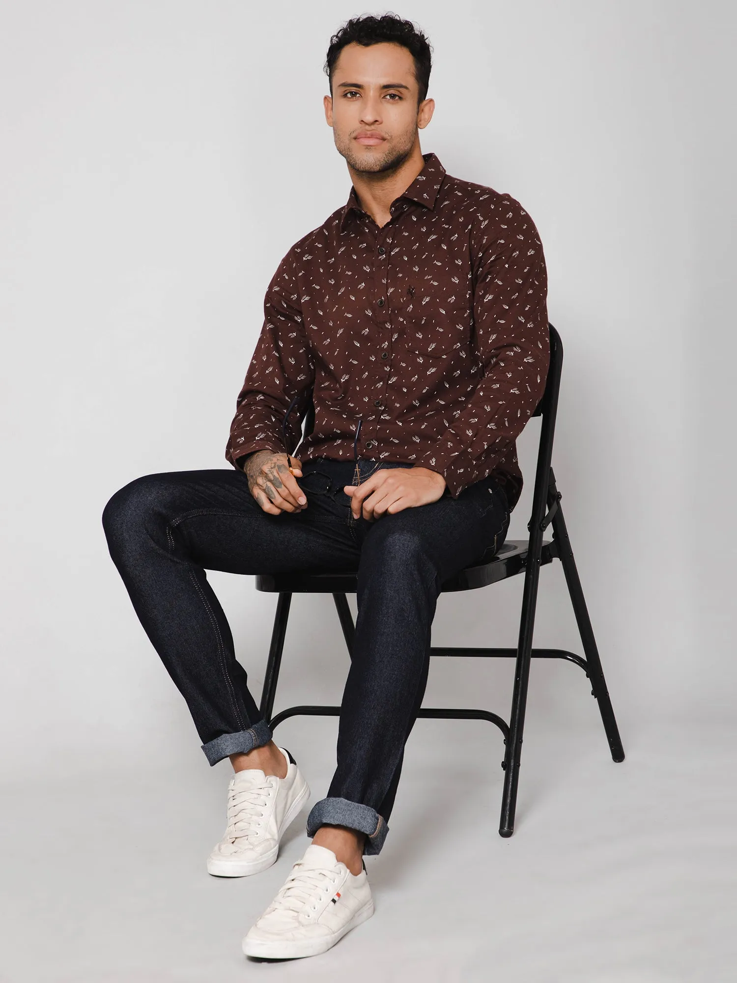 Cotton Printed Brown Full Sleeve Regular Fit Casual Shirt for Men with Pocket