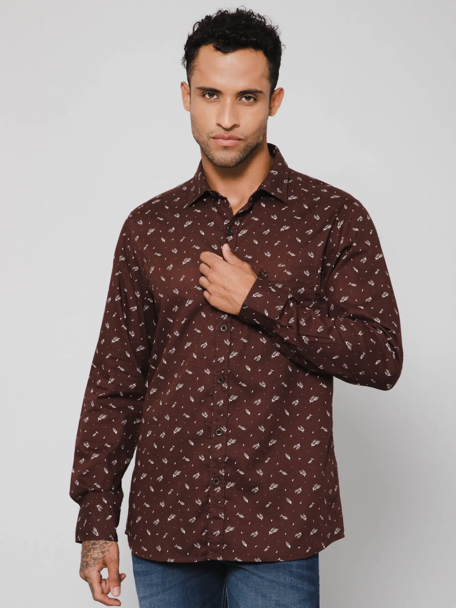 Cotton Printed Brown Full Sleeve Regular Fit Casual Shirt for Men with Pocket