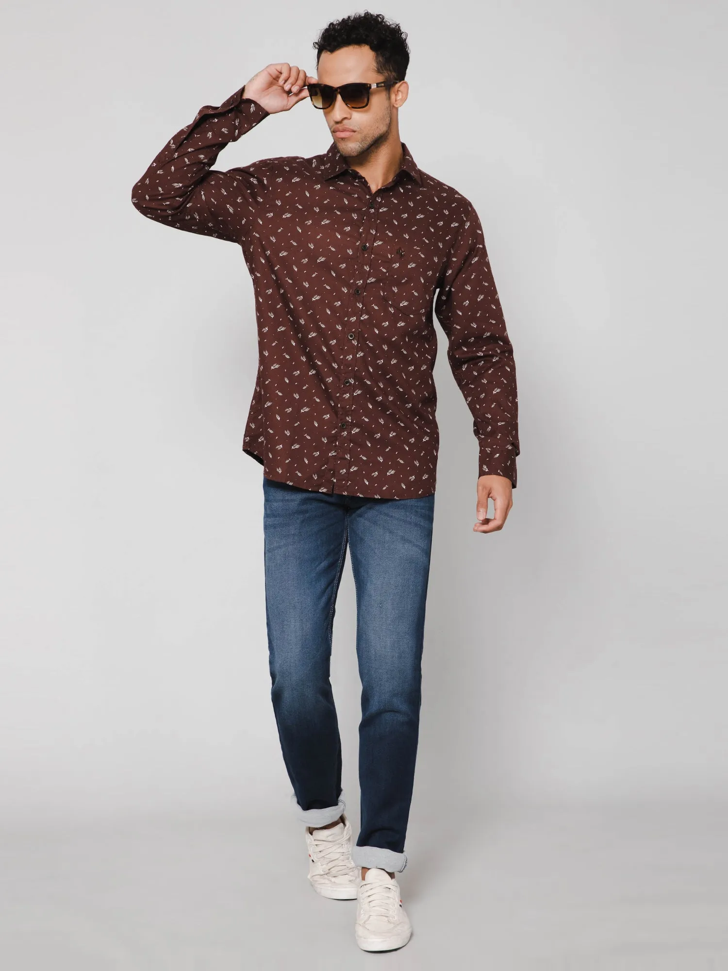 Cotton Printed Brown Full Sleeve Regular Fit Casual Shirt for Men with Pocket