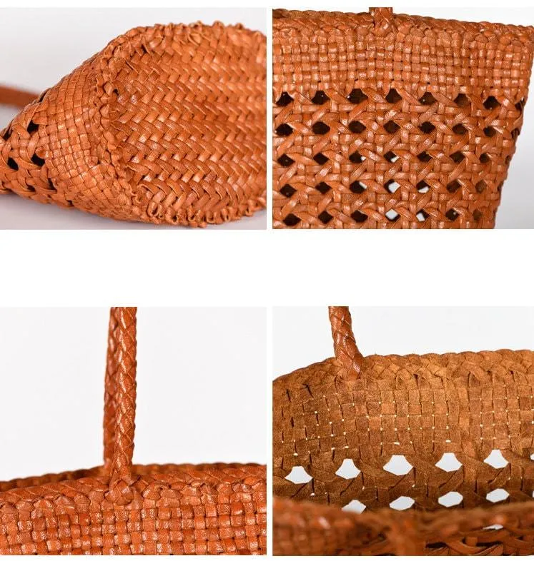 Genuine Leather Hand Woven handbag | Open Rattan Woven Triple Jump Bamboo Ladies Hobo Holiday Bag, Weekend Basket Bag