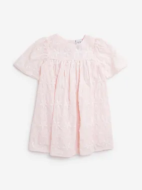 HOP Kids Light Pink Floral Embroidered Cotton A-Line Dress