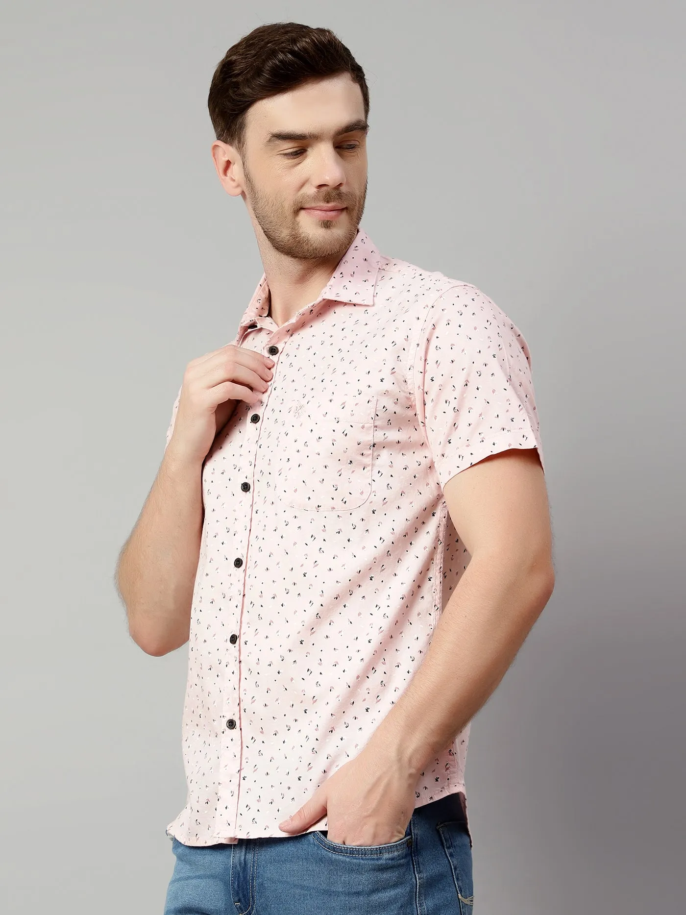 Men's Baby Pink Casual Floral Print Half Sleeve Shirt