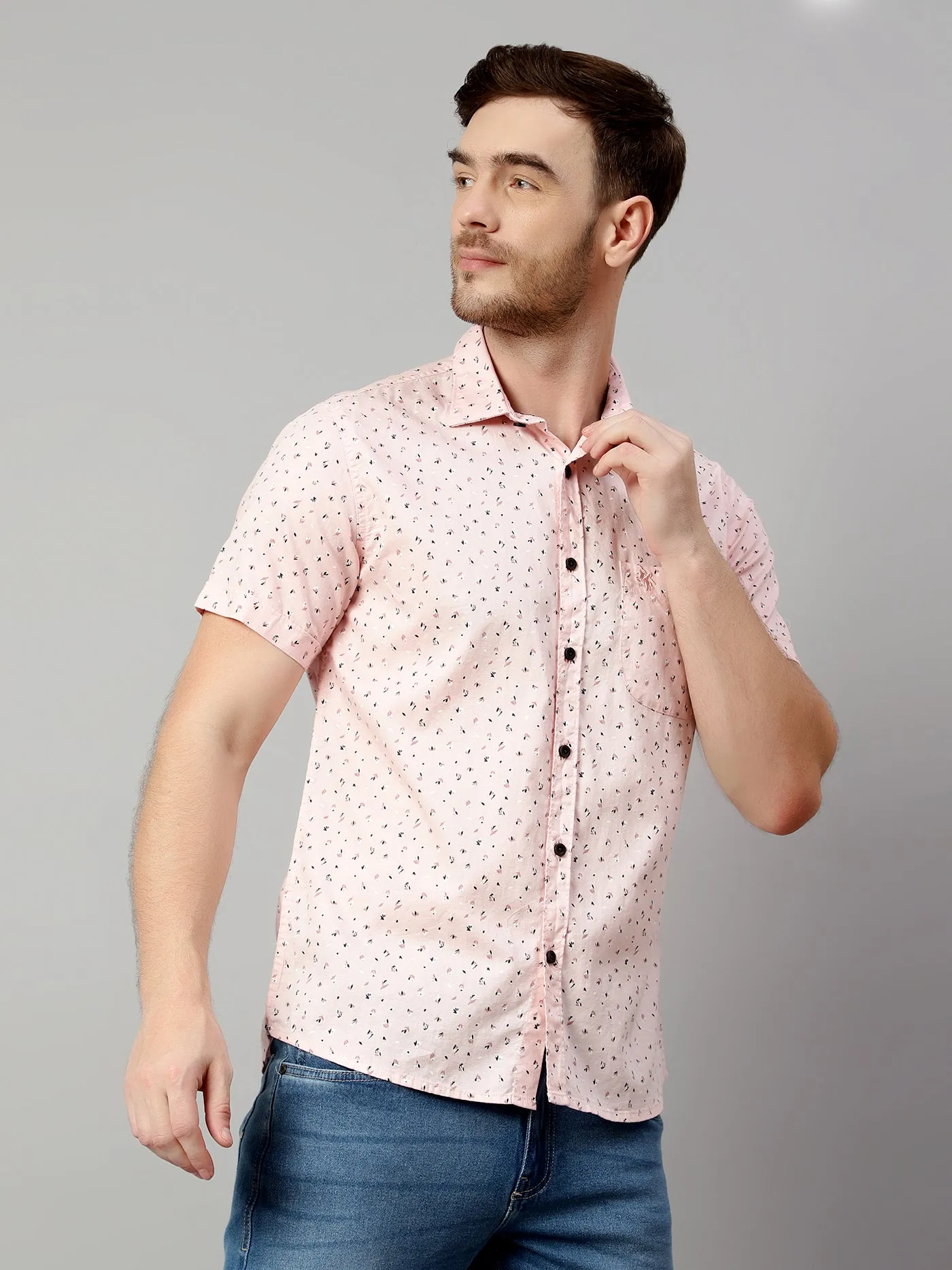 Men's Baby Pink Casual Floral Print Half Sleeve Shirt