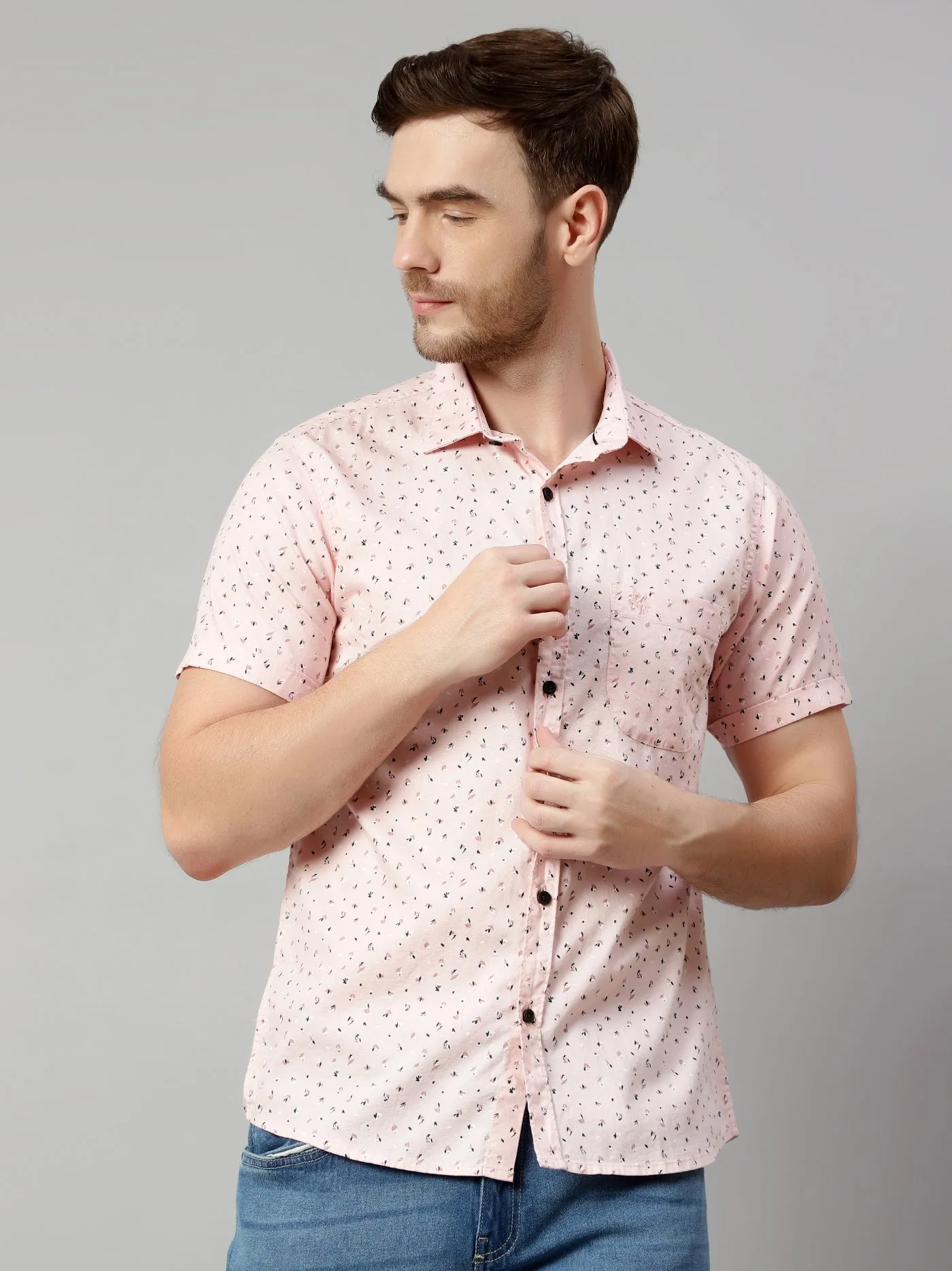 Men's Baby Pink Casual Floral Print Half Sleeve Shirt