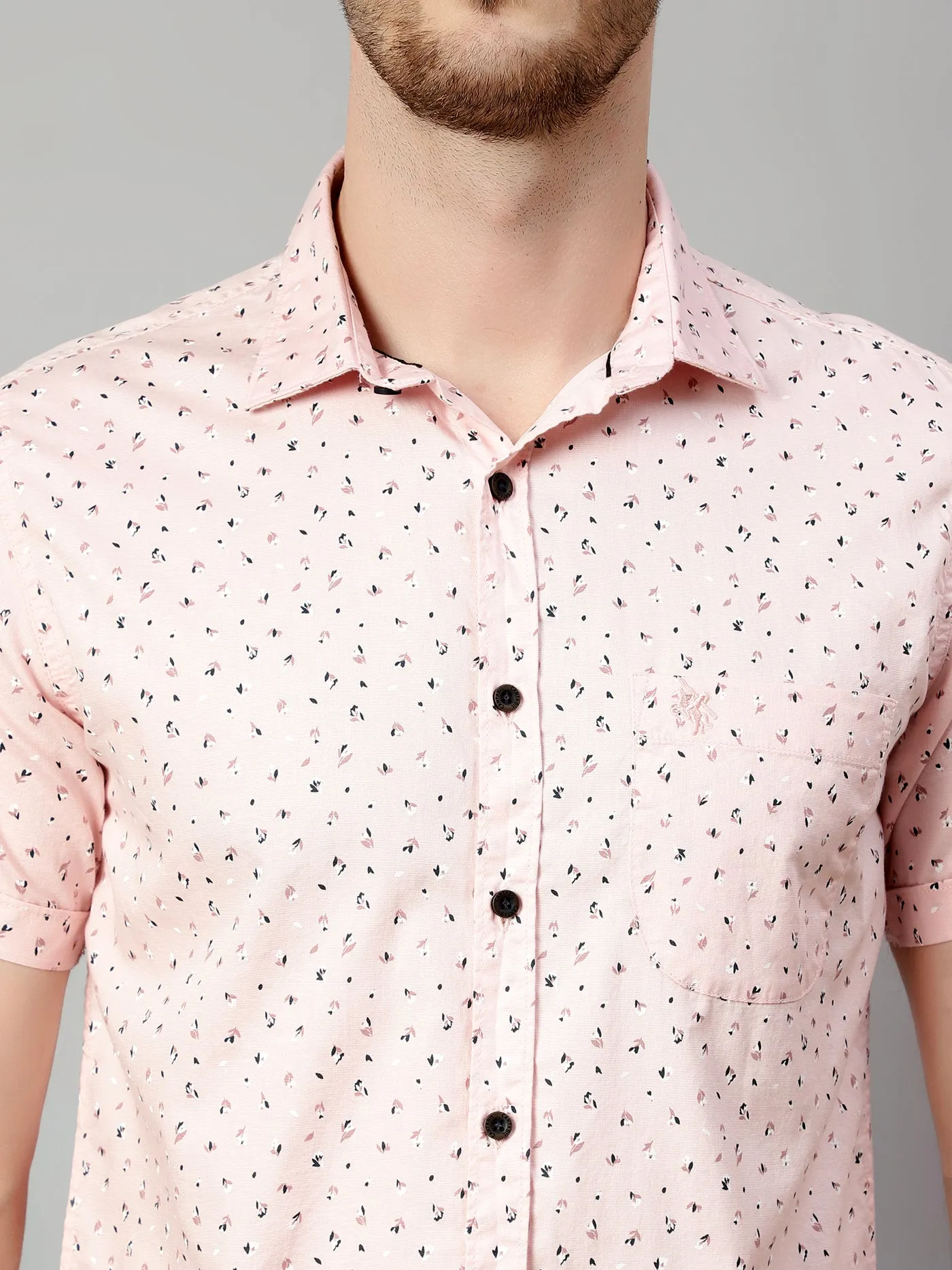 Men's Baby Pink Casual Floral Print Half Sleeve Shirt