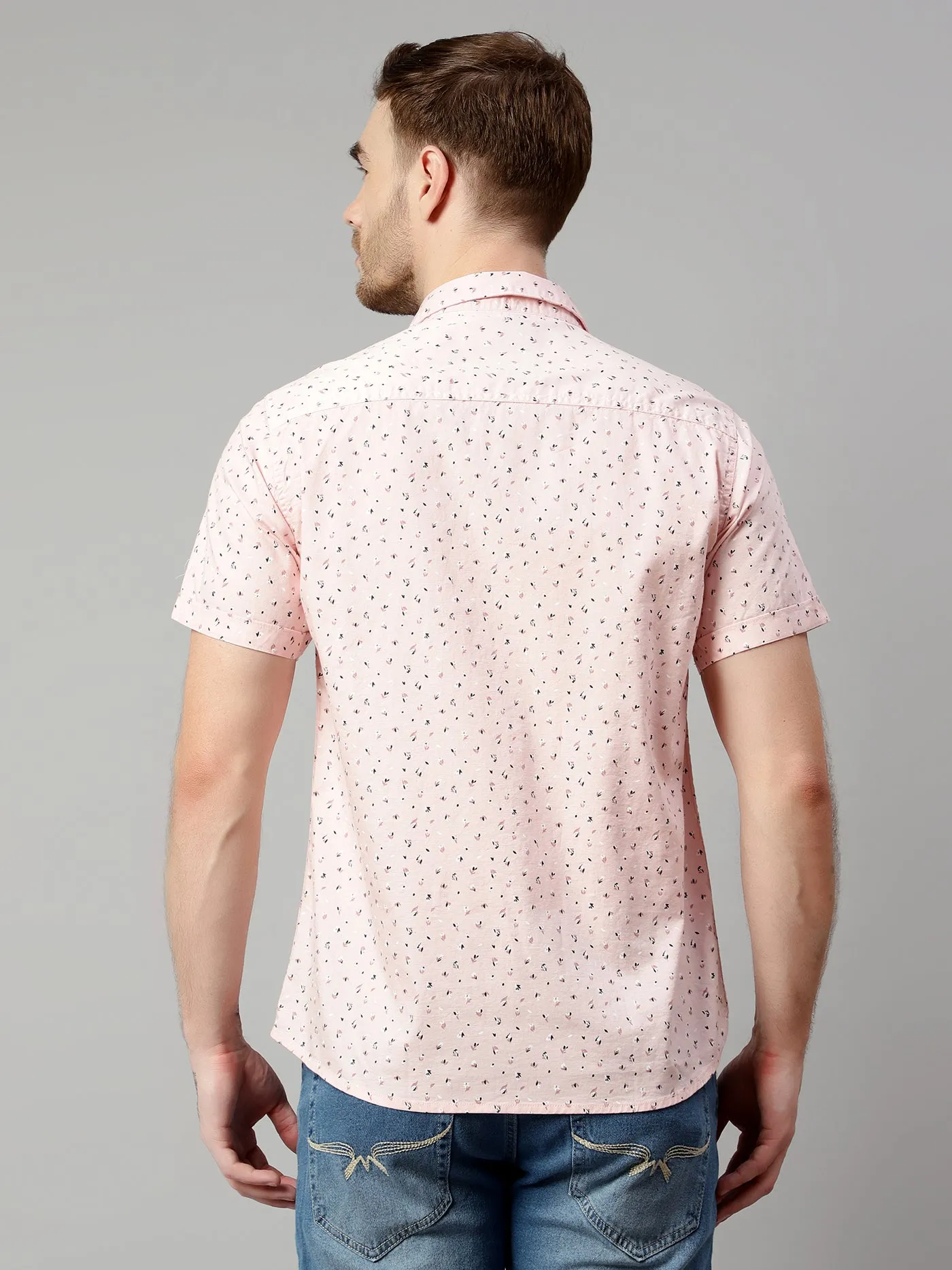 Men's Baby Pink Casual Floral Print Half Sleeve Shirt