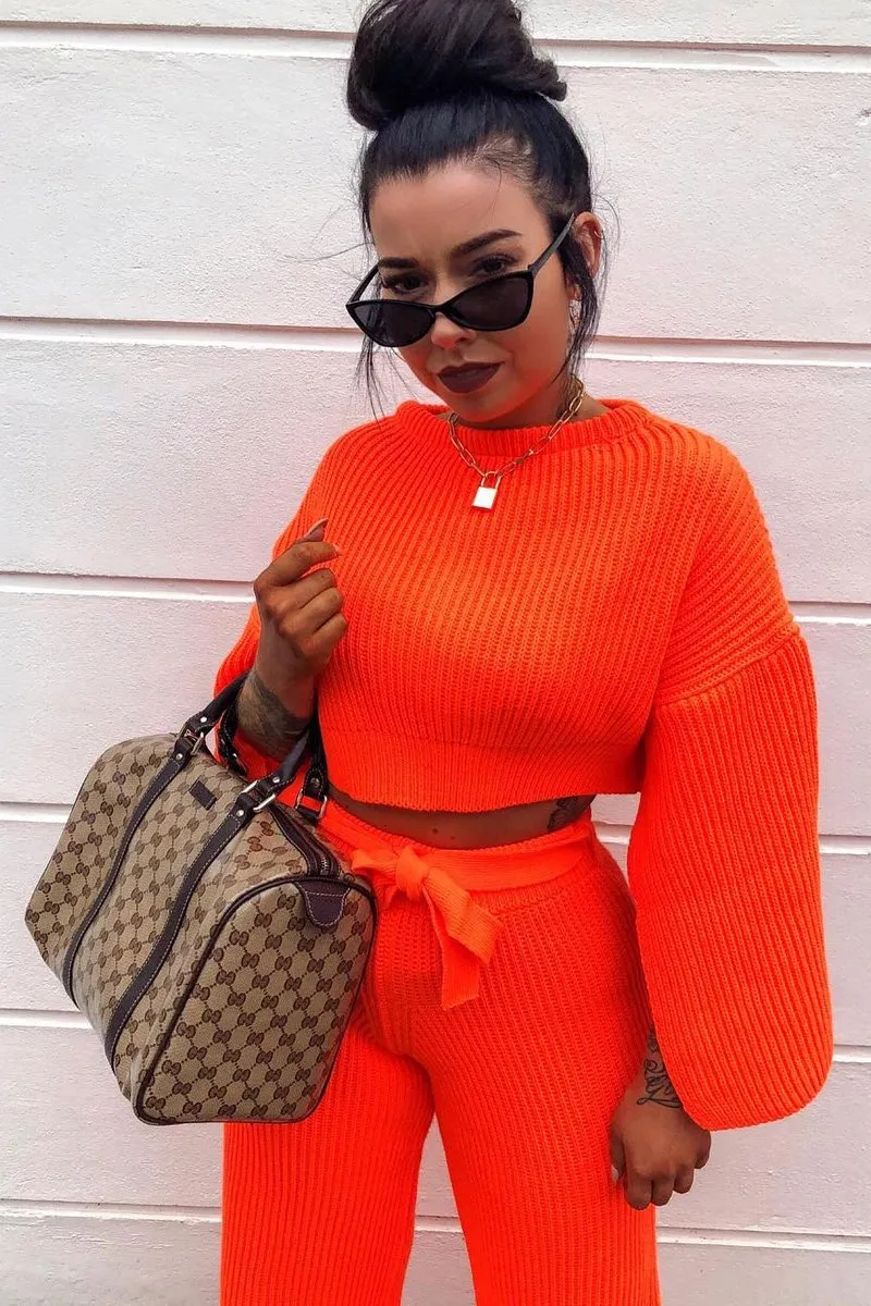 Neon Orange Chunky Knit Loungewear Set - Harper