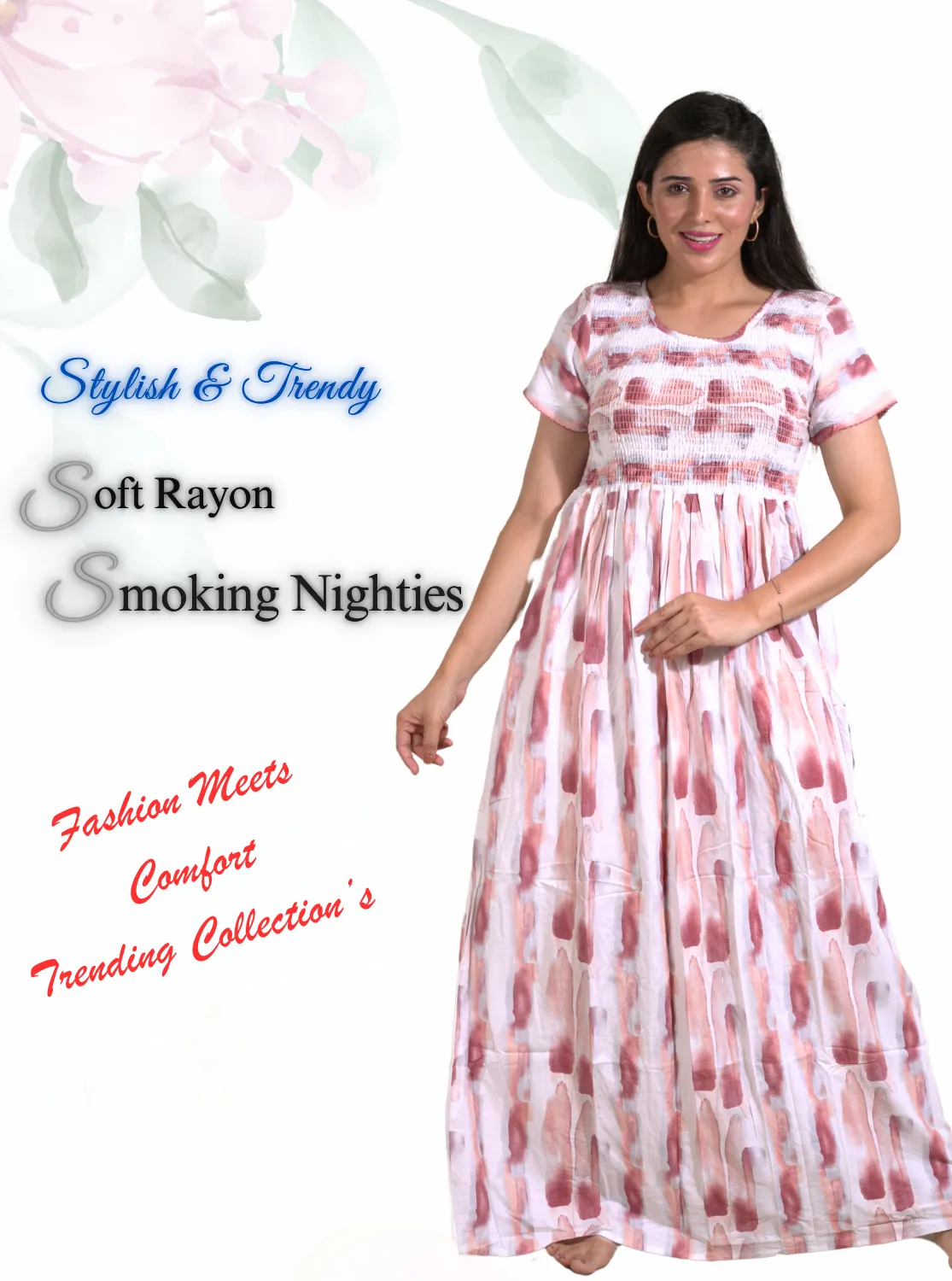 New Arrivals ONLY MINE Premium RAYON Smokey Nighty | Beautiful Pleated Design | Side Pocket | Stylish Nighty for Trendy Women's | Your Perfect Nightwear Collection's (RYS)