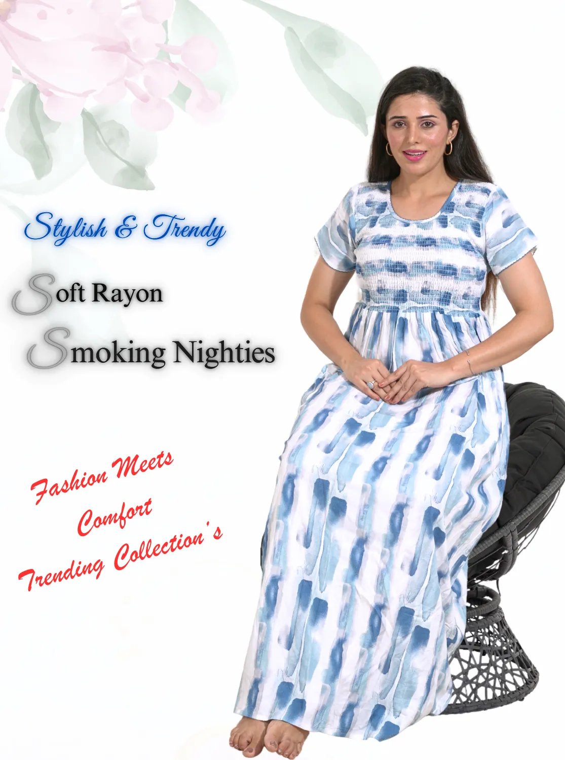 New Arrivals ONLY MINE Premium RAYON Smokey Nighty | Beautiful Pleated Design | Side Pocket | Stylish Nighty for Trendy Women's | Your Perfect Nightwear Collection's (RYS)