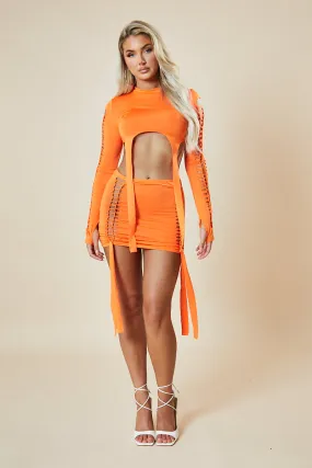 Orange Knot Detail Crop Top & Mini Skirt Set - Isabel