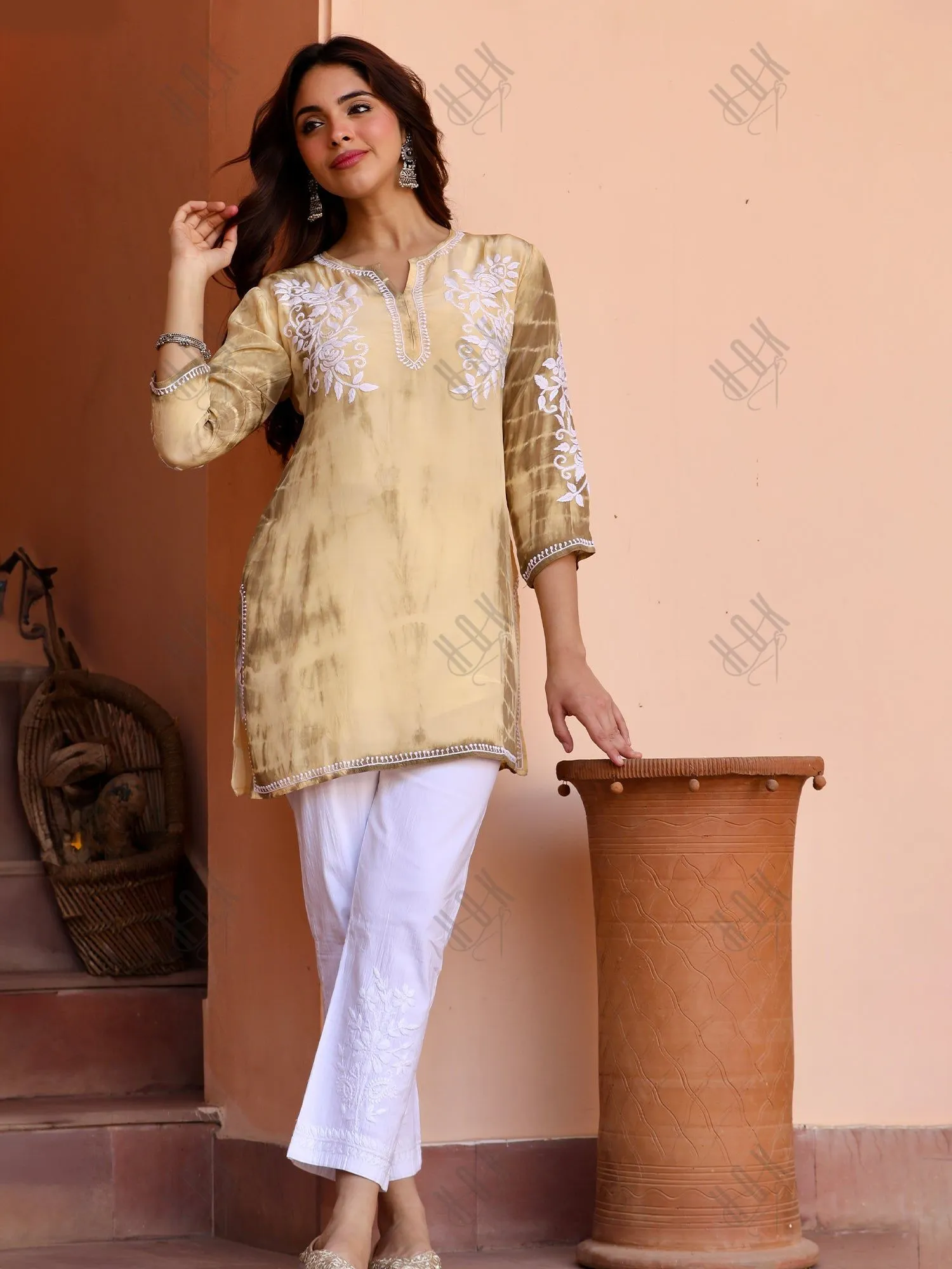 Saba Chikankari Short kurta in Crepe Silk - Beige