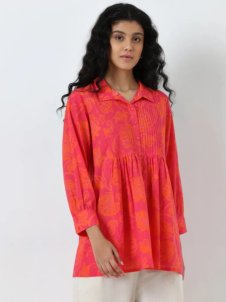 Utsa Pink Floral Pintuck Fit and Flare Cotton Kurti