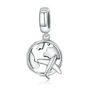 World Traveler Global Plane Dangle Charm 925 Sterling Silver